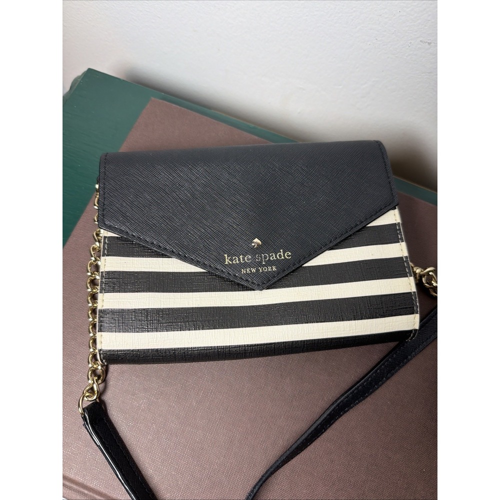 Kate Spade New York Black White Striped Crossbody Purse Gold Tone Chain City - Picture 2 of 13